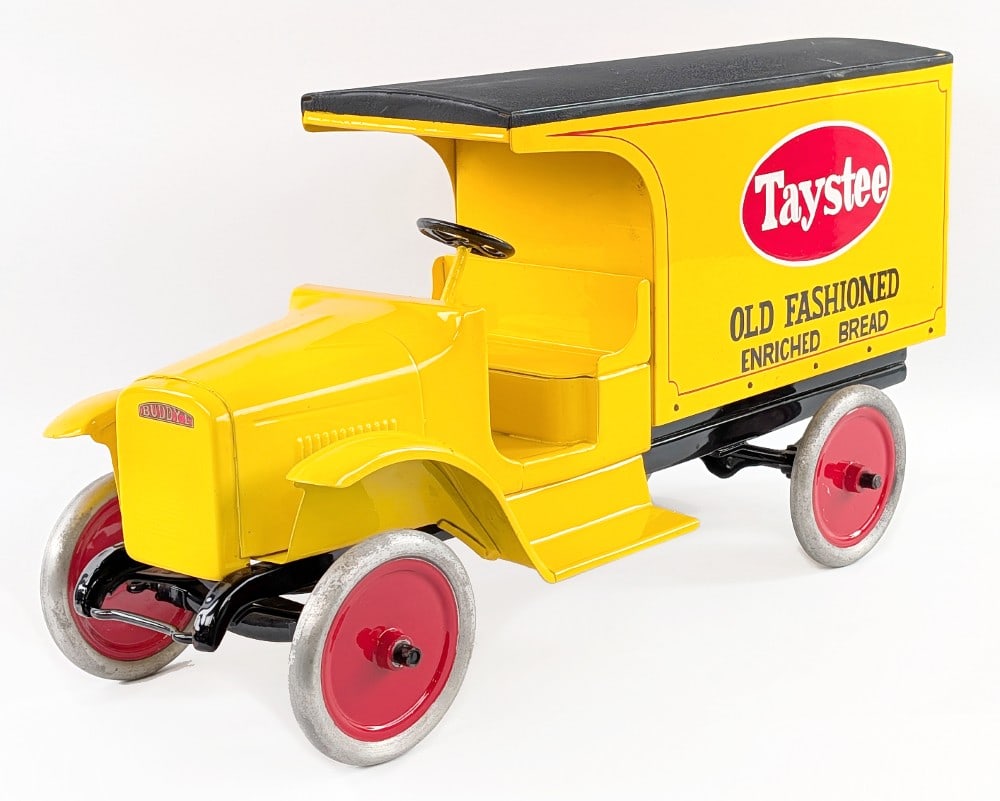 Custom Buddy L "Taystee" Old Fashioned Enriched Bread Delivery Truck: Custom Buddy L "Taystee" old fashioned enriched bread delivery truck. The truck has some scratches to the fenders and dust from display. Painted in yellow overall with black textured roof, red pinstri