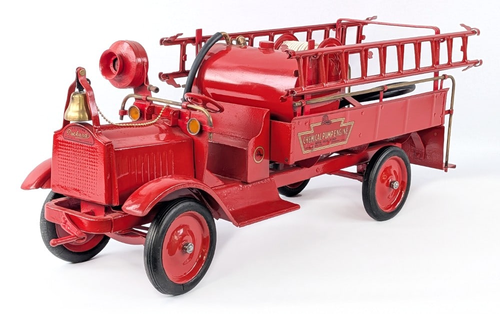 Restored Keystone Chemical Pump Engine Fire Truck with Real Pump: Restored Keystone chemical pump engine fire truck with real pump. The truck has an average restoration with some pitting and age wear showing. The truck features a pump with crank, bell, siren, hose r