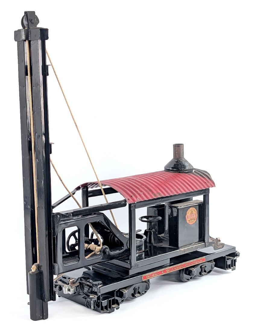 Buddy L Outdoor Railroad Pile Driver Train Car: Buddy L Outdoor Railroad pile driver train car. The pile driver portion of the car is original with the original Buddy L decal. The flatbed portion is probably a T-Reproductions. Overall displays very
