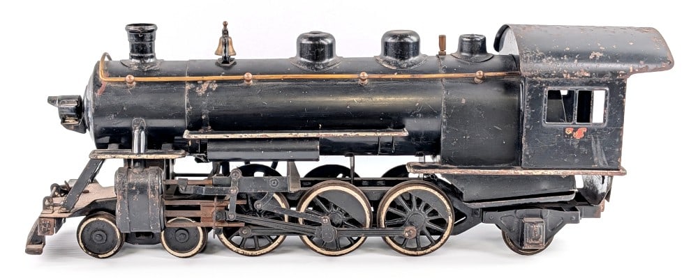 Original Buddy L Outdoor Railroad #963 Train Engine: Original Buddy L Outdoor Railroad #963 train engine. The engine still has part of the original decals present. The train engine shows paint loss, surface rust, and wear from use / age. It is missing t