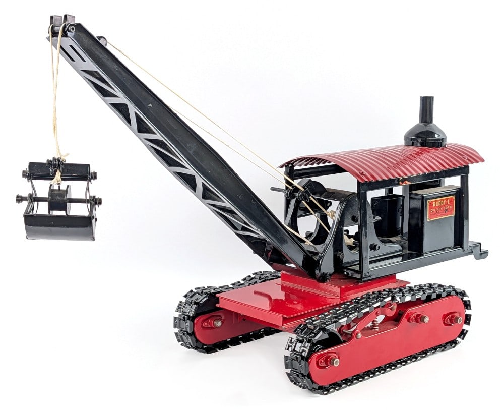 T-Reproductions Buddy L Dredge on Treads: T-Reproductions Buddy L dredge on treads. The dredge appears to be in good working condition. It does have some dust, decal loss, and light wear from storage / display. A very heavy and well done repl