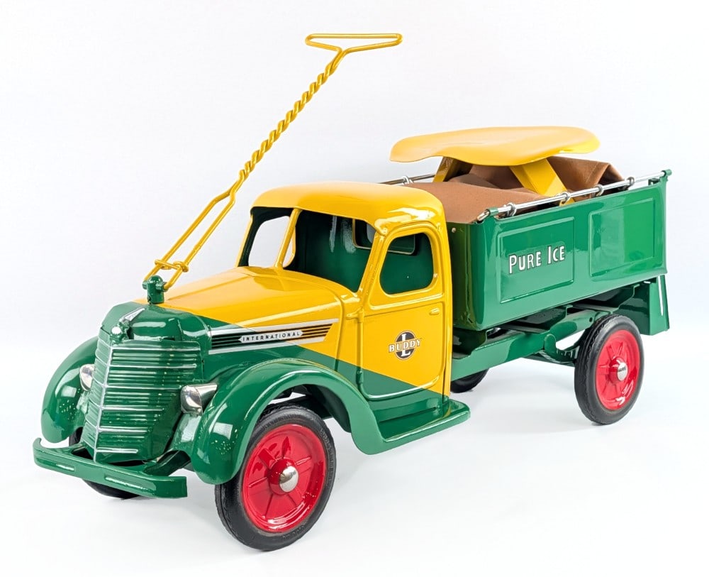 Restored 1938 Buddy International Pure Ice Truck: Restored 1938 Buddy L International Pure Ice truck. The truck has a very nice high quality professional restoration. Excellent condition with minor dust from display. A great example of this hard to f