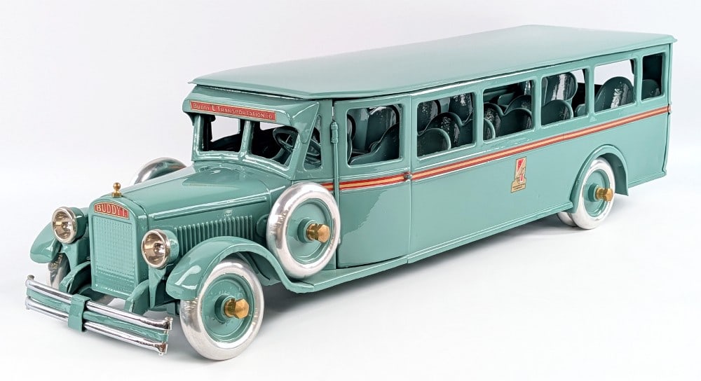Restored Buddy L Transportation Co. Passenger Bus: Restored Buddy L Transportation Co. passenger bus. A high quality professional restoration of an original Buddy L toy. Excellent condition. Appears to be a roof off restoration probably appearing bett