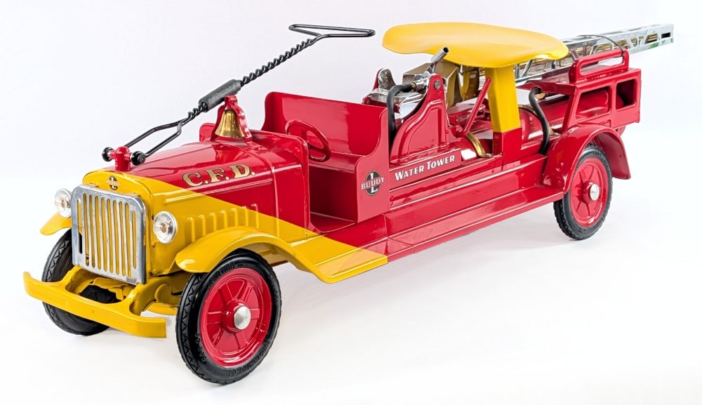 Restored Buddy L Ride-On Water Tower Fire Truck: Restored Buddy L sit-n-ride water tower fire truck. The truck has a high quality professional restoration. It is missing the brass hose nozzle, but otherwise appears to be complete. This is the deluxe