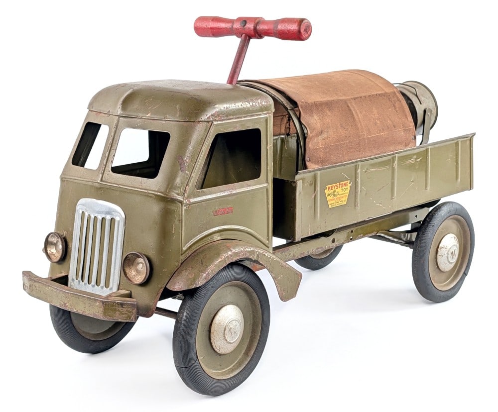 Keystone Ride 'Em U.S. Army Truck: Original and hard to find Keystone Ride 'Em U.S. Army truck. Original canvas, searchlight, and steering handle are present. The truck shows some paint loss, surface rust, and wear from age. A hard to 