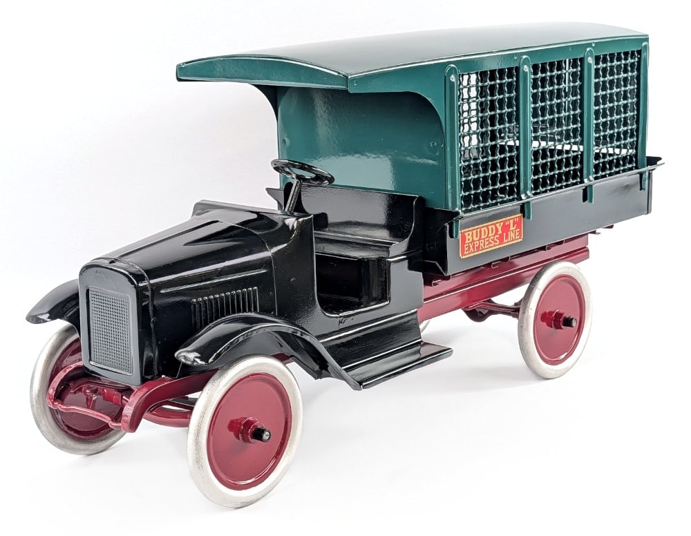 Restored Buddy L Express Line Truck: Restored Buddy L Express Line truck. The truck has a very nice restoration. Very good condition with some dust from being on display. Measures approximately 24" long. *From the Gene Griser Collection*