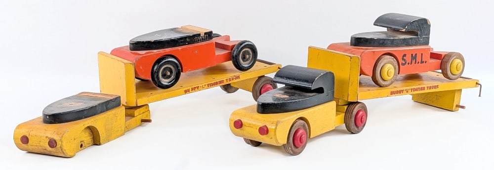 Buddy L Wood Toy Truck & Timber Trailer Parts: Buddy L Wood Toys semi truck and timber trailer parts. Sells as is. Some items missing pieces or have damage. The trailers are 15" long. *From the Gene Griser Collection*