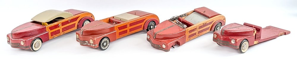 Buddy L Wood Toys Town and Country / Station Wagon Car Parts: Buddy L Wood Toys Town and Country / Station Wagon car parts. The cars are missing pieces, have chips, or damage from age and use. Sells as is. Each measures approximately 18-1/2" long. *From the Gene