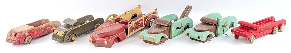 Buddy L Wood Toys Parts: Buddy L Wood Toys parts. Includes wrecking truck, station wagon, fire truck, and army truck. All to sell as is with missing parts or damage. Largest measures 18-1/2" long. *From the Gene Griser Collec