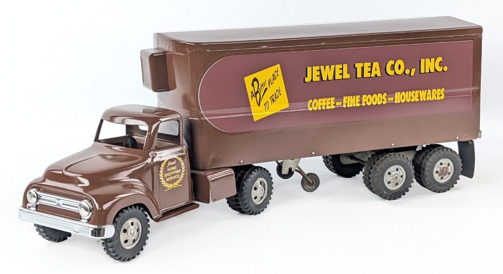 Restored Tonka Jewel Tea Co. Inc. Truck and Trailer: Restored Tonka Jewel Tea Co. Inc. truck and trailer. The truck and trailer has a very nice restoration overall. Good condition with some scuff marks and dust from display. Measures approximately 24"