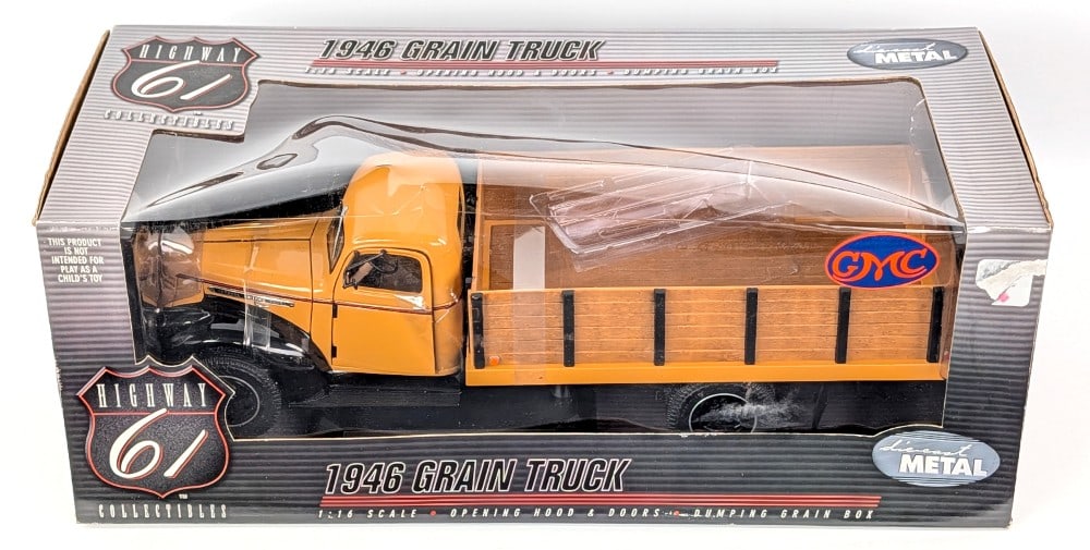 1/16 Scale Highway 61 GMC Grain Truck: 1/16 Scale Die-Cast Metal GMC grain truck. Good condition in the box and highly detailed. The box shows some wear from storage / handling.?