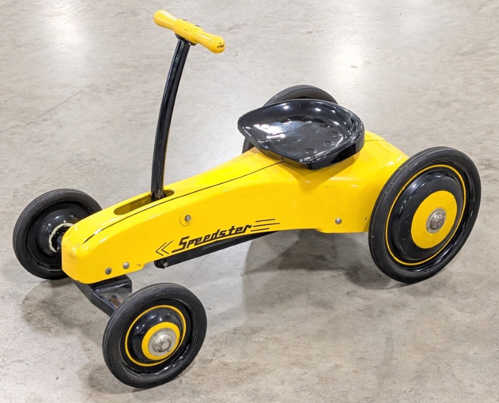 Garton Chain Drive Speedster Car: Garton chain drive speedster pump cart. It appears to be original with only minor paint loss and use wear. Most of the wear visible where you would steer with your feet. Measures approximately 36" lon