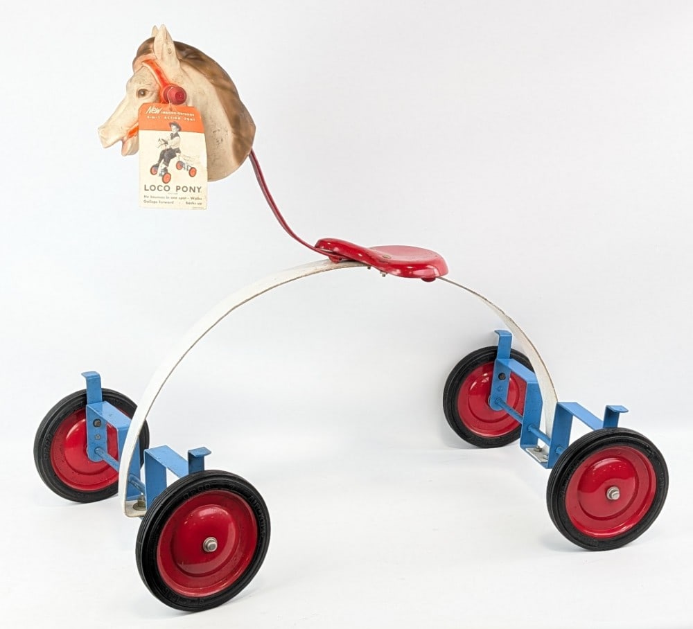 Tru-Matic Loco Pony Ride On Toy w/ Original Hang Tag: Vintage Tru-Matic loco pony ride on toy with original hang tag. The white portion appears to have some paint touchup's. The pony has wheel brakes so it can go in any direction when the child bounces m