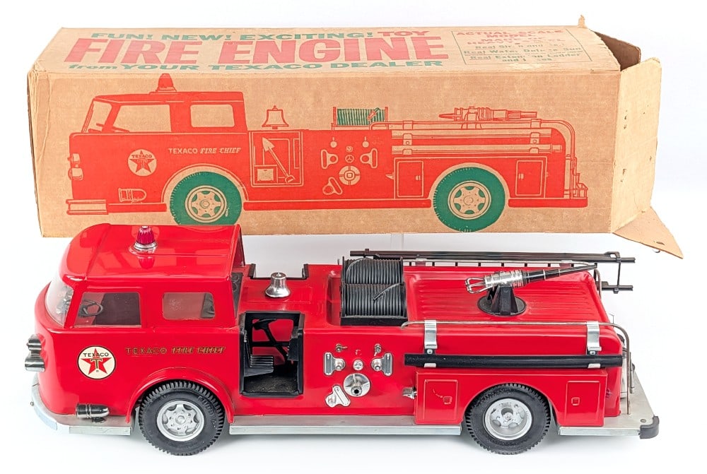 Buddy L Texaco Fire Chief Truck with Box: Original Buddy L Texaco Fire Chief truck with the original box. The toy appears to be unplayed with or hardly played with. A Texaco Dealer promotional toy. The box has one loose end flap on the open e