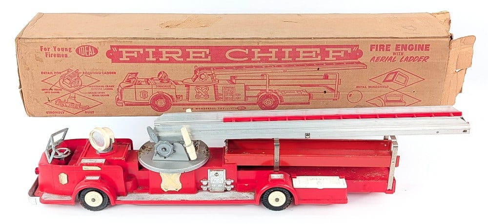 Ideal Fire Engine with Aerial Ladder with Box: Original Ideal fire engine with aerial ladder. The truck is plastic with metal parts. The truck is dirty and has some surface rust to the metal parts. The box is missing the two main end flaps on the 