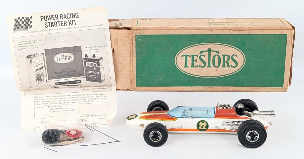 Testors Indy 500 Gas Powered Tether Car with Box: Vintage Testors Indy 500 gas powered tether car. The car comes with the original box, paperwork, and accessories. Very good condition with some discoloration to the decals. Measures approximately 12-1