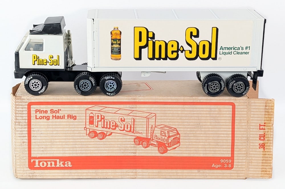 Tonka Pine-Sol Truck & Trailer In Box: Original Tonka Pine Sol long haul rig semi truck and trailer with the original box. The truck and trailer appear to be like new old stock / unplayed with. The box is nice and square overall. This one 