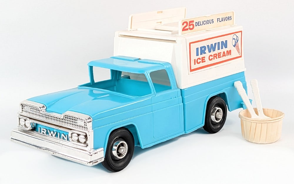 Irwin Ice Cream Maker Truck: Vintage Irwin Ice Cream Maker truck. The truck comes with original spoons and cups. Made of mostly plastic. Has some minor warping from age. An unusual and hard to find truck. Measures approximately 1