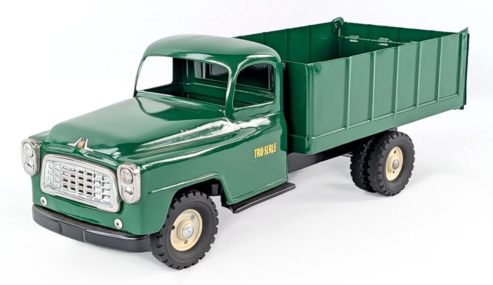 Restored Tru-Scale International Harvester Grain Truck: Custom restored Tru-Scale International Harvester grain truck. A very nice restoration with some age wear showing under the paint. Measures approximately 14-1/2" long.