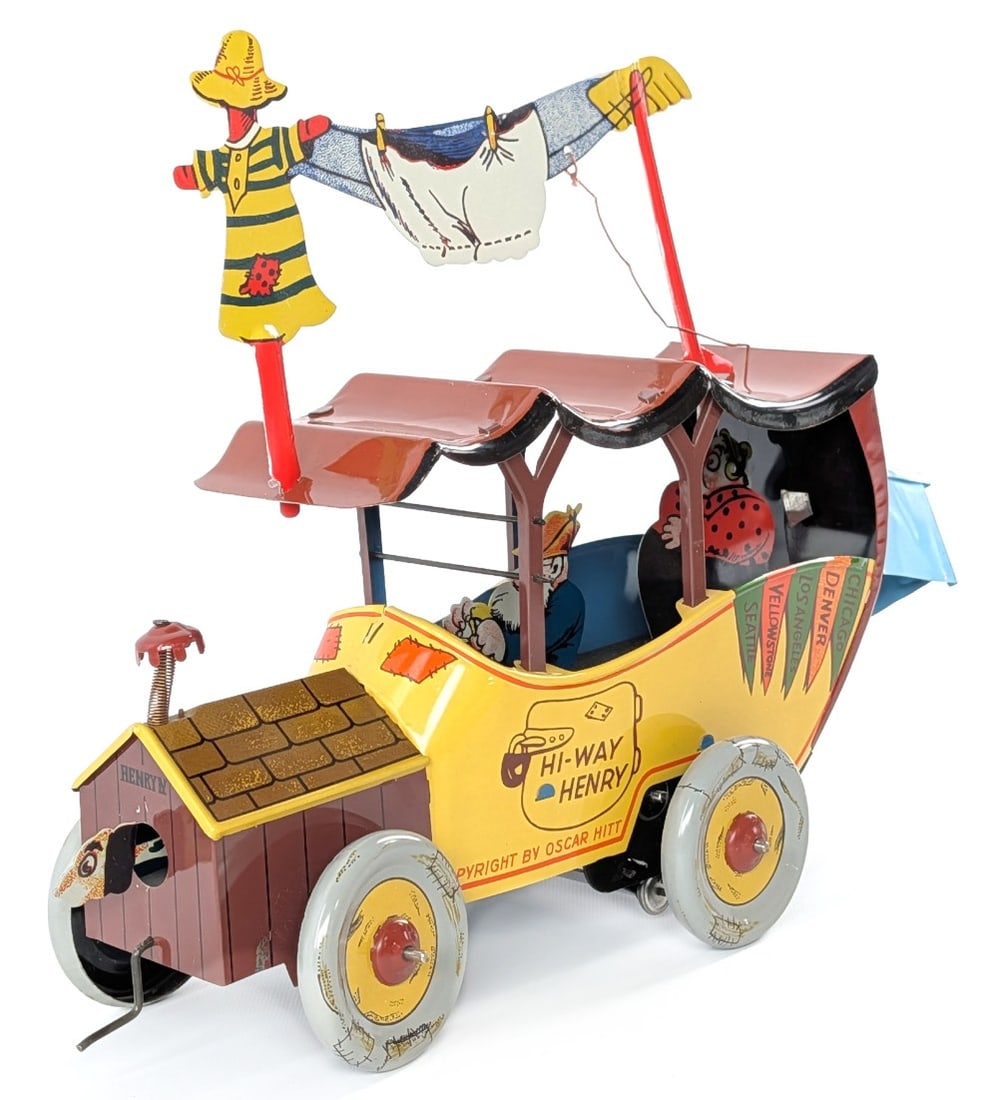 Contemporary Oscar Hitt Hi-Way Henry Tin Windup Car: MTH Oscar Hitt Hi-Way Henry tin windup car. The windup mechanism works. Displays well with good color and graphics. It does have some scratches mostly on the rear and wear from handling. It is missing