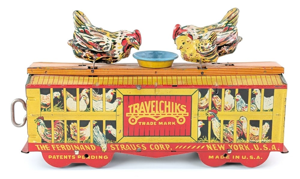 Ferdinand Strauss Tin Windup Travelchiks Train Car: Ferdinand Strauss tin litho windup Travelchiks boxcar train car. The windup mechanism works and the chickens on top move. Displays very well with great color and graphics. Very good condition with min