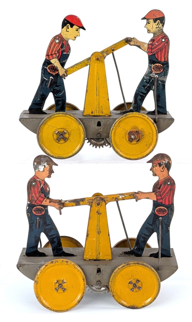 (2) Girard Toys Tin Windup Handcars: (2) Girard Toys tin windup handcars with lithographed figures. The one works with some help and the other is currently not working. Showing paint loss and wear from play and age. Each measures