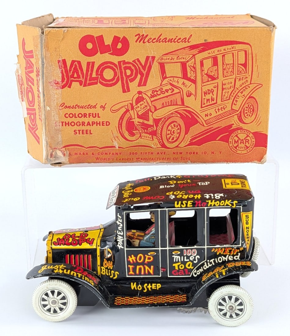 Marx Tin Windup Old Jalopy Car with Box: Marx tin windup Old Jalopy car with the original box. The car is in very good condition with some scratches from handling / age. Displays well with great color and graphics. The box has some tape repa