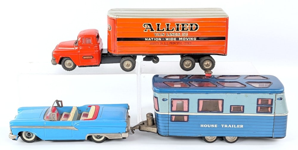 Linemar Tin Friction Allied Van Lines and Japan Ford with House Trailer: Linemar tin friction Allied Van Lines semi truck and Japan Ford convertible with house trailer. The Allied trailer is missing the hitch. Both pieces having some scratches and play wear. The car and tr