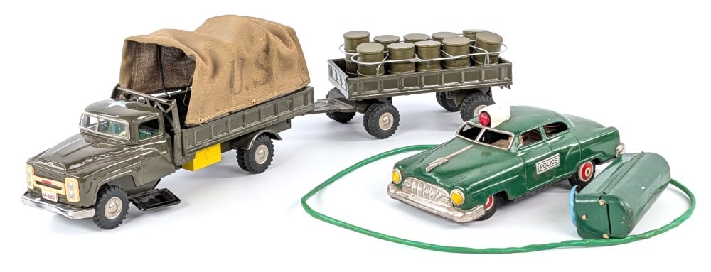 Linemar Tin Police Car & Japan Tin U.S. Army Transport Truck w/ Barrel Trailer (1 of 12)