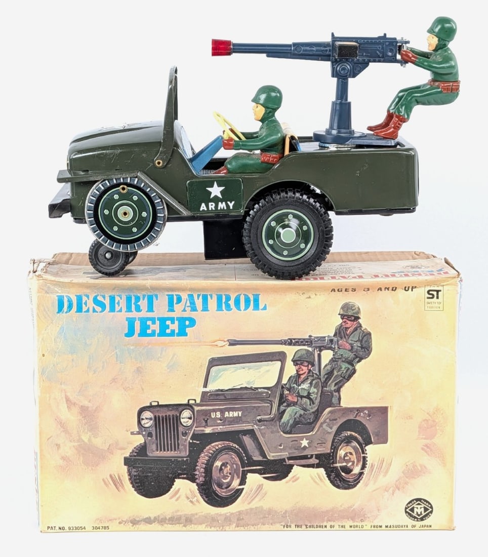 Modern Toys Japan Tin Battery Op. Desert Patrol Jeep w/ Box: Modern Toys Japan tin battery operated Desert Patrol Jeep with the original box. The toy has some paint crazing, but is overall very good condition. The battery compartment is clean. The box has some 