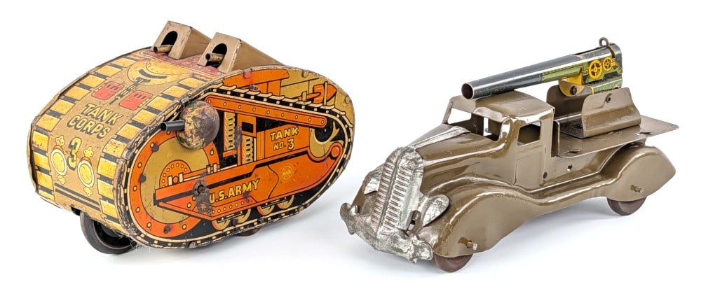 Marx U.S. Army Tank No. 3 and Anti-Aircraft Truck: Marx tin windup U.S. Army Tank No. 3 and Anti-Aircraft truck. The tank shows paint loss, and a good amount of play wear. The truck shows some rub marks and dust from storage / display. The windup mech