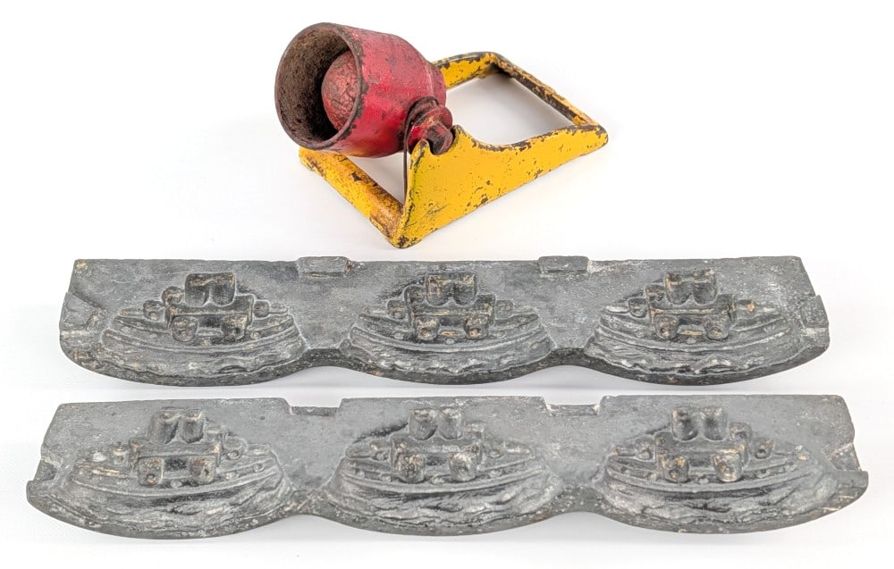 Lead Toy Ship Mold and Kilgore Fire Cracker Cannon: Includes a lead toy ship mold and Kilgore cast iron fire cracker cannon with the ball. Showing paint loss and wear from age. The mold overall measures 9-1/4" long.