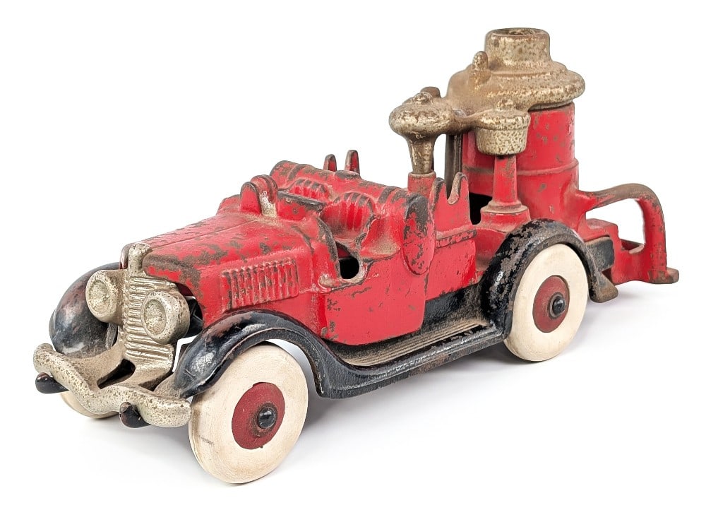 Hubley Cast Iron Fire Pumper Truck 10in. Version: Hubley cast iron fire pumper truck. The truck has replaced wheels. It is missing the hose reel and drivers. Black front bumper piece has a crack. The toy shows paint loss and wear from age. Hard to fi