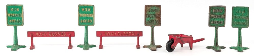 Arcade Cast Iron Road Closed Signs, Men Working Ahead Signs, and Wheelbarrow (1 of 6)