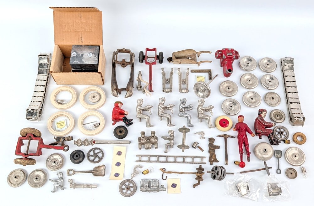 Cast Iron Toy Parts Drivers, Wheels, Accessories, and More: Arcade cast iron toy parts. Includes crawler tracks, wheels, tires, drivers, accessories, decals and other parts. Includes Arcade, Hubley, and other brands. Some pieces original and some quality repro