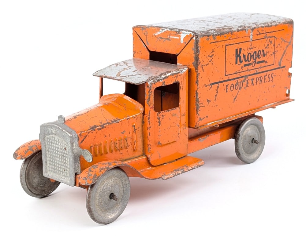 Metalcraft Kroger Food Express Truck: Metalcraft Kroger Food Express truck. The gray roof of the truck is an old (possibly period) overpaint. The truck shows heavy paint loss and wear from play and age. Measures approximately 11" long.
