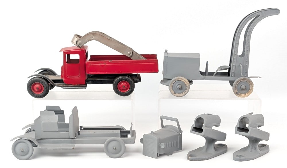Kingsbury and Metalcraft Toy Parts: Kingsbury and Metalcraft toy parts. Parts projects that are in the process of being restored and missing parts. Sells as is. The red truck measures 11-1/2" long.