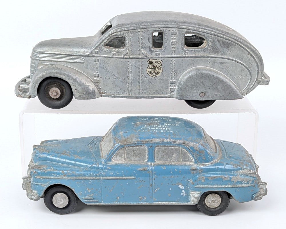 Banthrico Desoto Promo and Brink's Junior Armored Car Bank: Banthrico Desoto promo car bank and Brink's Junior International armored car promotional bank. Both showing some paint loss and expected wear from age. Measures approximately 9" long and 8" long.?