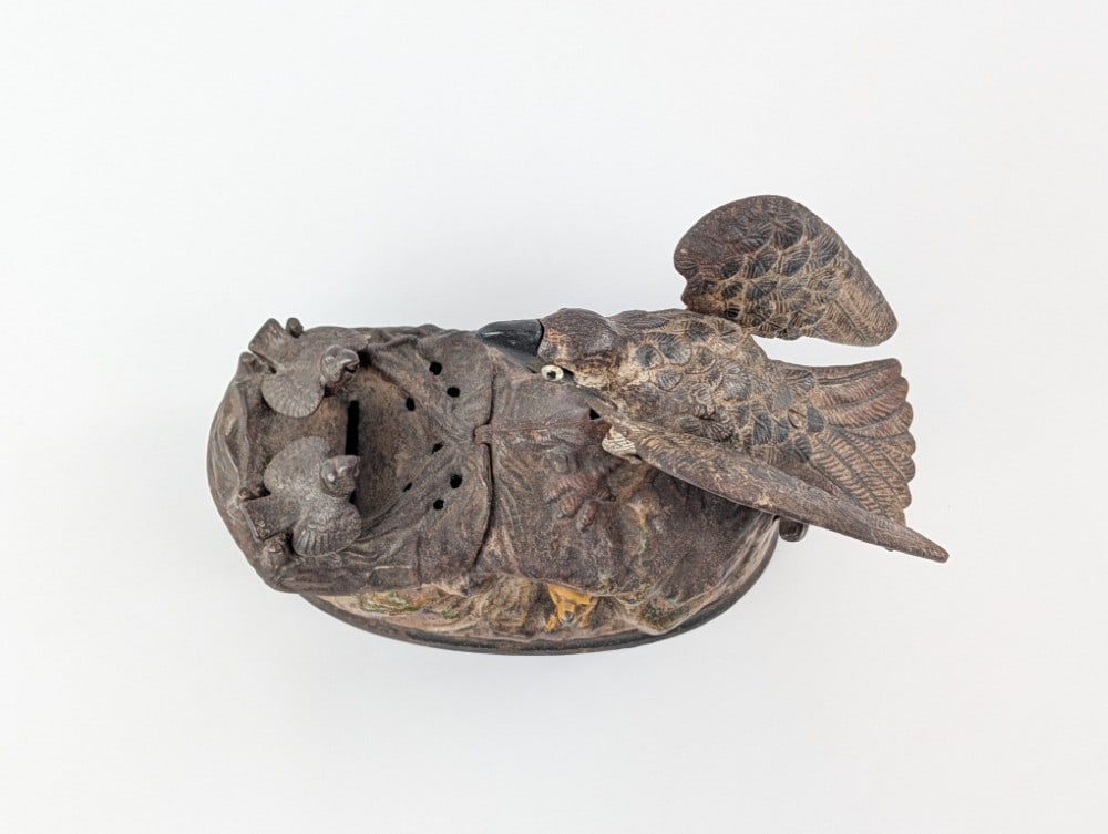 J & E Stevens Eagle & Eaglets Mechanical Bank - 8