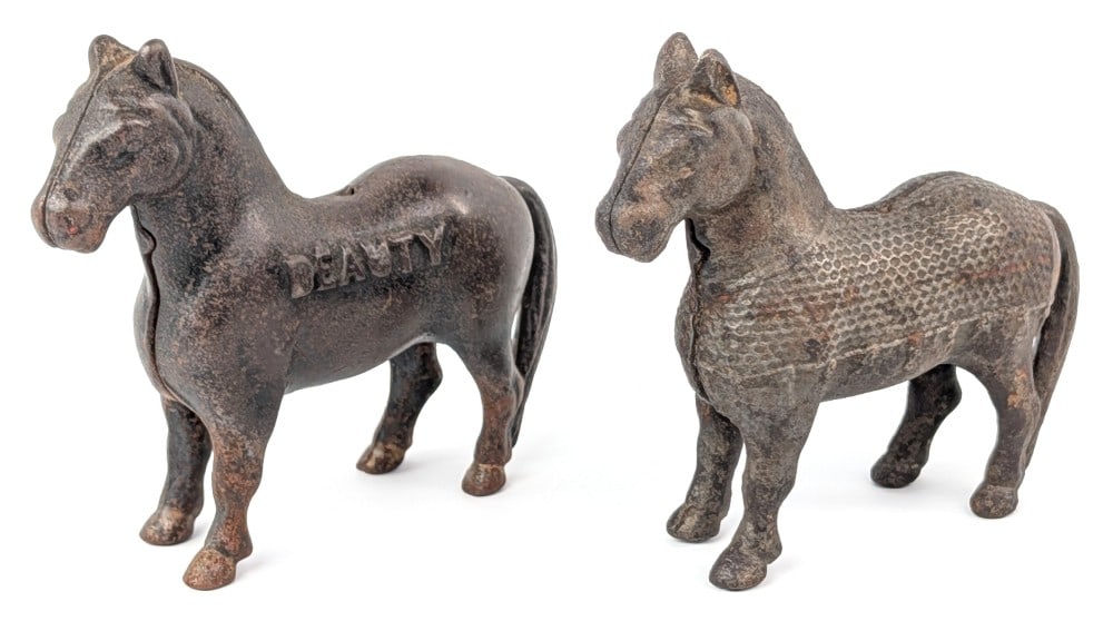 Arcade Cast Iron "Beauty" Horse and Horse with Flynet: Arcade cast iron "Beauty" horse and horse with flynet still banks. Showing paint loss and wear. Measures approximately 5" long.