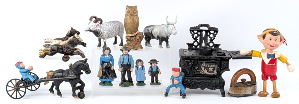 Cast Iron Banks, Stove, Horses, and Wood Pinocchio (1 of 6)