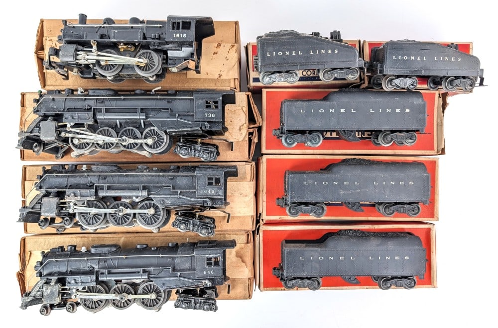 Lionel Engines and Tenders with Boxes: Includes O Gauge Lionel (2) 646 / 736 / 1615 engines and (3) No. 2046W tenders + (2) No. 1615T tenders. All come in the original boxes. The boxes have moisture damage. All are dusty / dirty from stora
