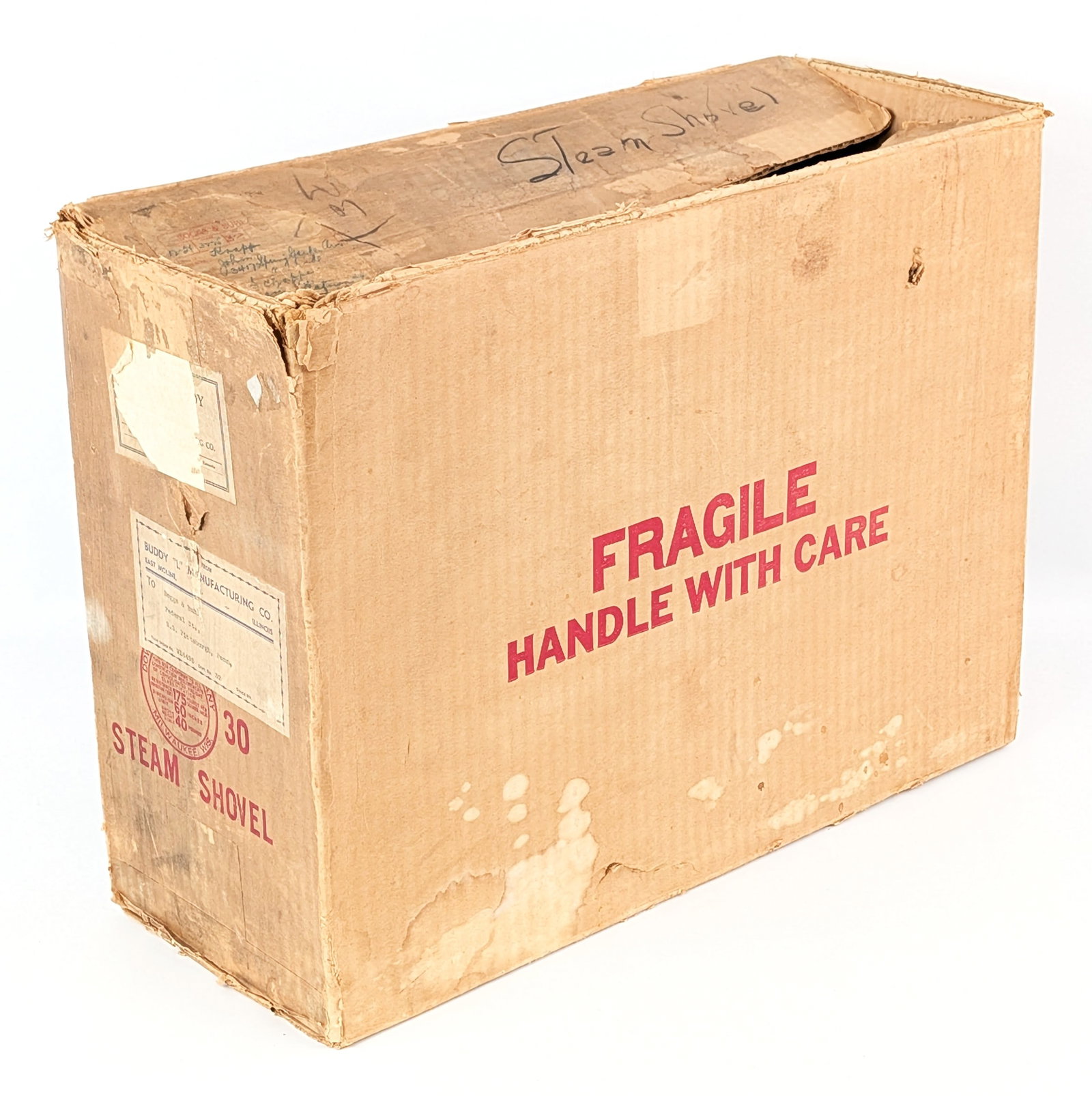 Early Buddy L Steam Shovel Box: Early Buddy L steam shovel box. Box was shipped to Boggs & Buhl in Pittsburgh Pennsylvania. The box is complete with all end flaps. Shows some staining and general wear from age. Measures