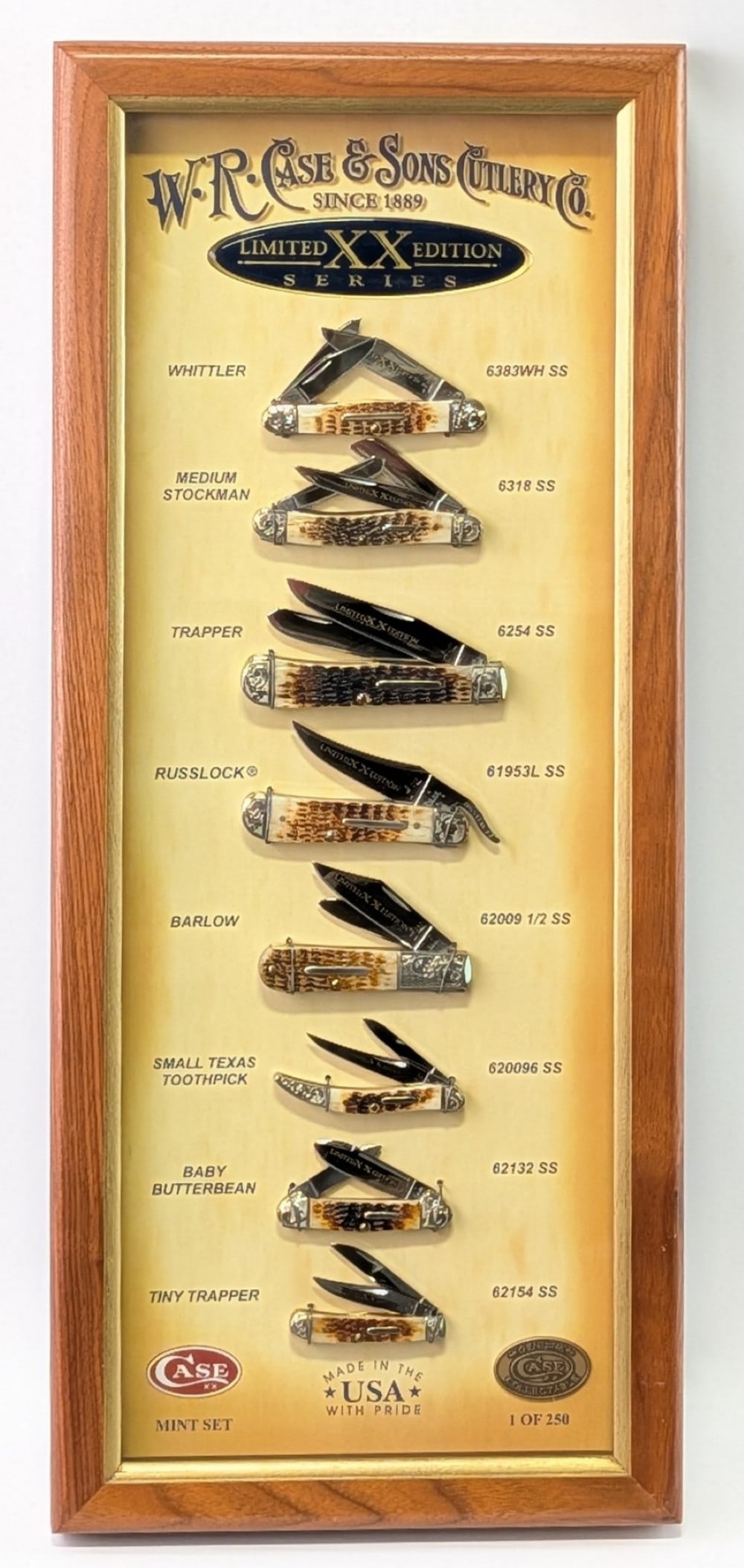 Ltd 2006 Case XX Limited Edition Series Dark Molasses Bone Mint Set w/ COA: Set is numbered 066 of 250. Includes a Trapper 6254, Small Texas Toothpick 620096, Russlock 61953, Whittler 6383, Baby Butterbean 62132, Tiny Trapper 62154, Barlow 62009 1/2, Medium Stockman 6318. Kni
