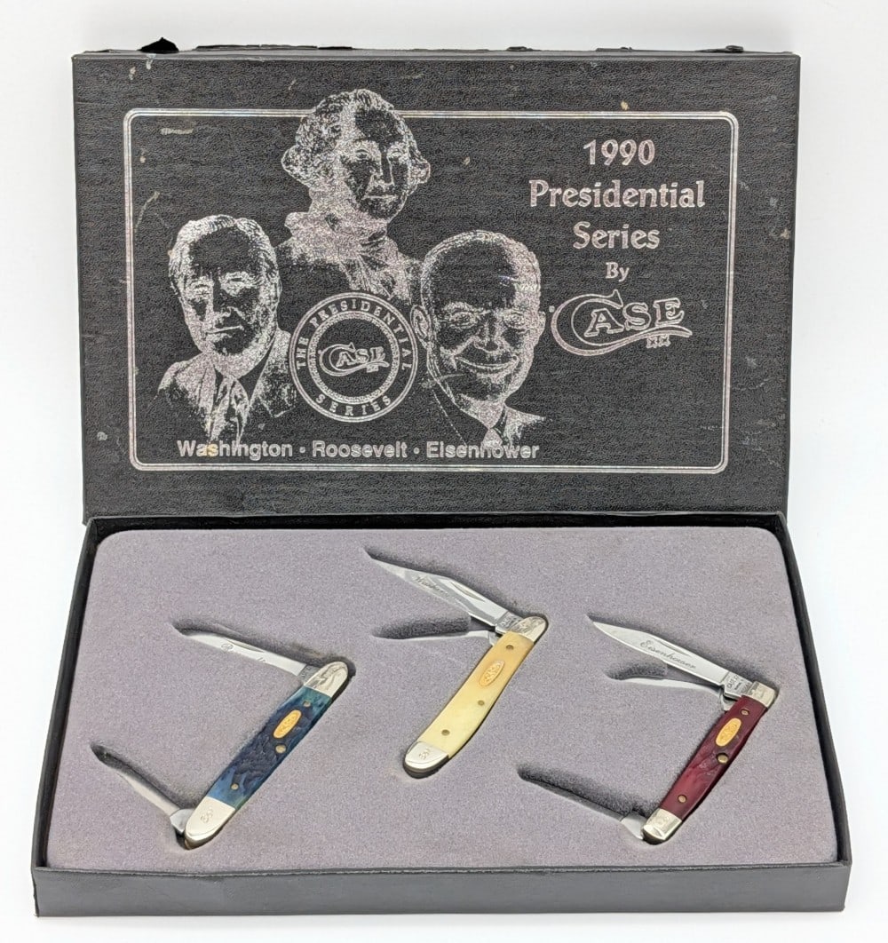 Ltd 1990 Case XX Presidential Series Knife Set: Knives are numbered 0872, and comes with the COA. Includes a 1989 Blue Bone Eisenhower, a 1991 Smooth White Bone Peanut, and a 1990 Red Bone Small Stockman. Knives are in like new condition. Largest o