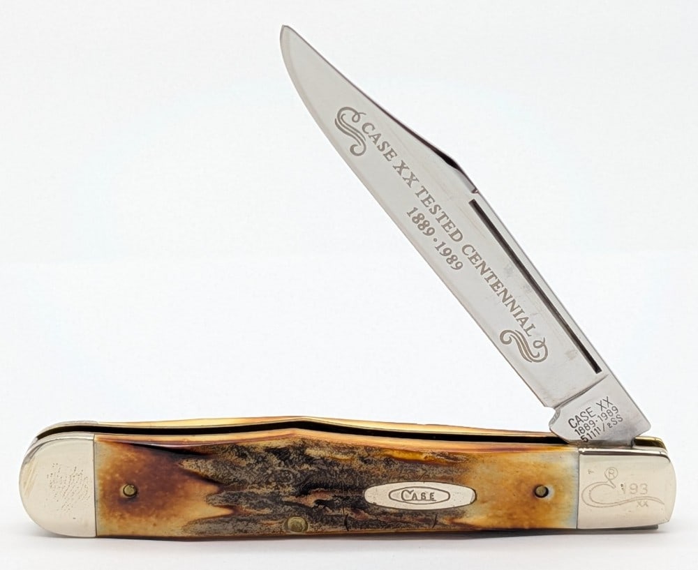 Ltd 1989 Case XX Centennial Stag Long Pull No Guard Cheetah 5111 1/2: Knife is numbered 193, and is in very nice condition with light scuffs on the bolsters from handling. Overall measures 4-3/8in when closed.