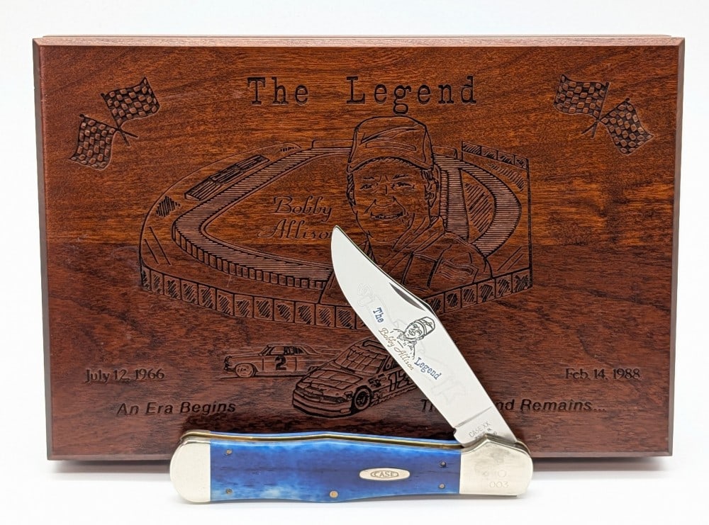 Ltd 1990 Case XX Bobby Allison Smooth Blue Bone Copperhead Coke Bottle BKC1050 w/ Case: Knife is numbered 003, and is in very nice condition with tarnishing on the bolsters from age. Overall measures 5-3/8in when closed.