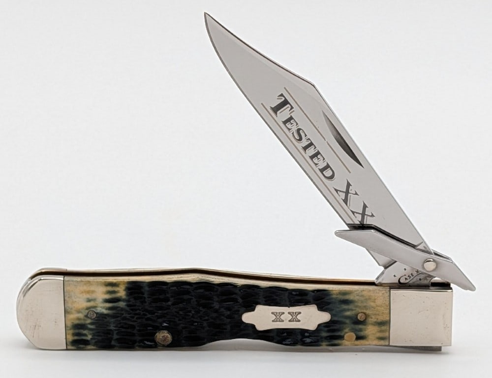 2015 Case XX Tested XX Olive Bone Cheetah 6111 1/2: Knife is in very nice condition with some light tarnishing on the bolsters from handling. Overall measures 4-3/8in when closed.