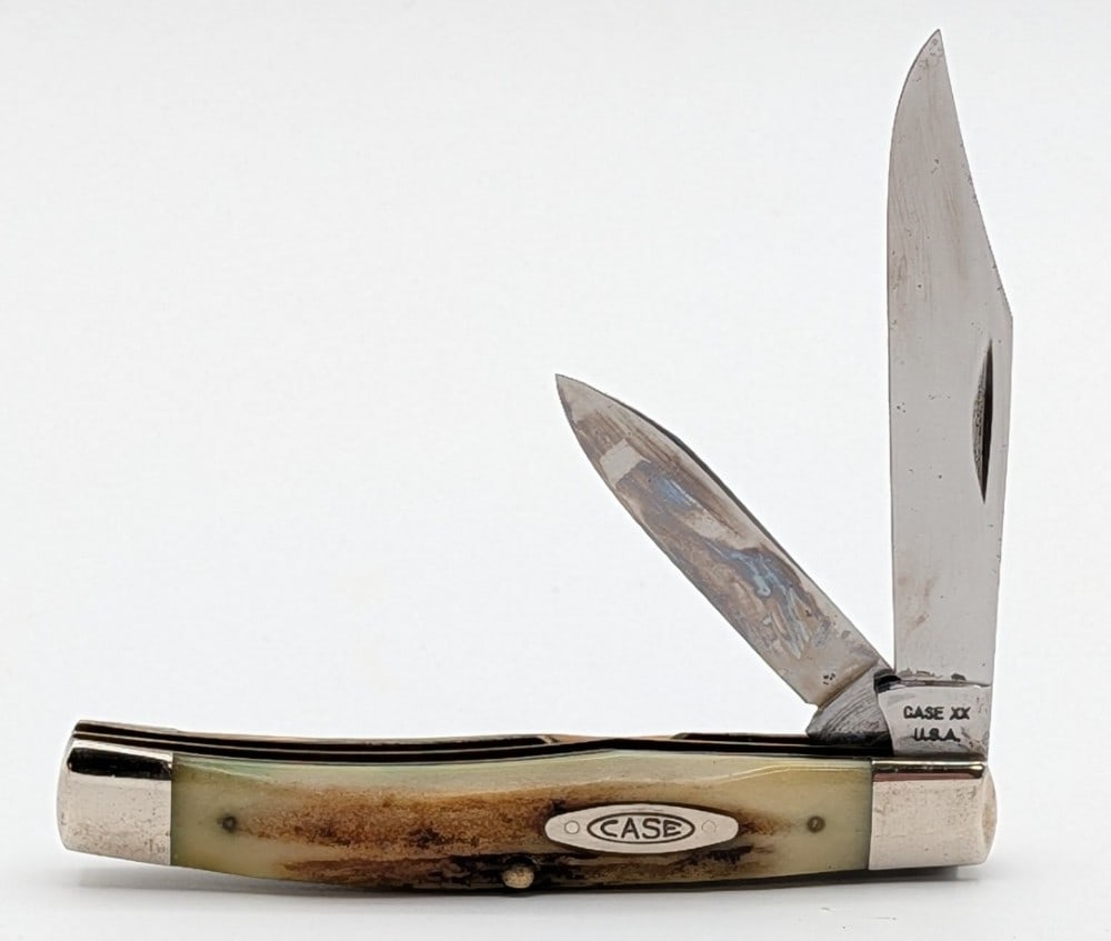 1964-69 Case XX Stag Texas Jack Knife 5232: Knife is in nice condition with some scuffs and a few pits on the blades, scuffs and tarnishing on the bolsters, and nice handle scales. Overall measures 3-5/8in when closed.