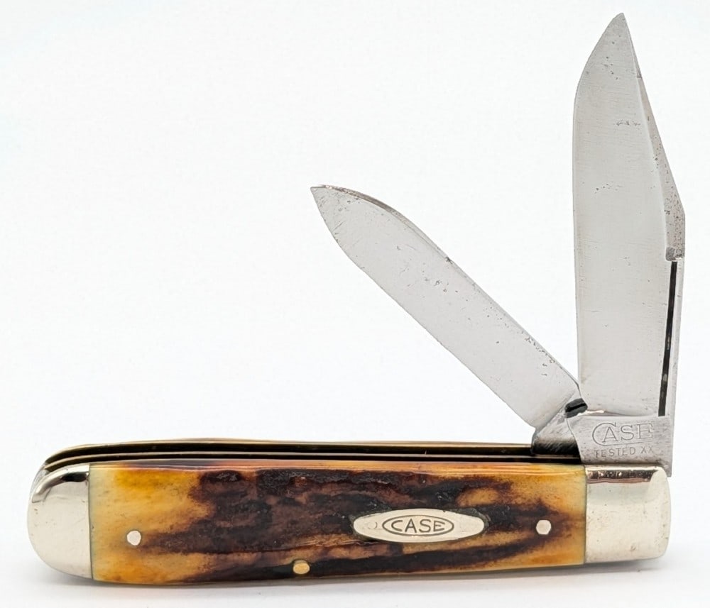 1920-40 Case Tested XX Stag Long Pull Jack Knife: Knife is in good aged condition with scratches and some material loss on the polished blade, some scuffs and scratches on the polished bolsters, some pitting on the leaf springs, and nice handle scale